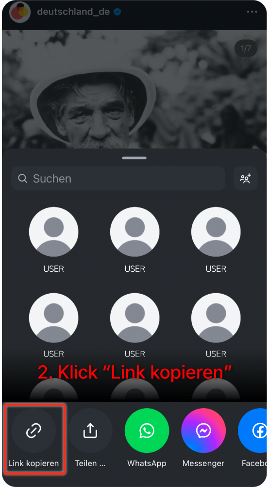 Mobile view of an Instagram post share menu section showing the ‘Copy link’ button highlighted and ‘2. click copy link’ instruction.